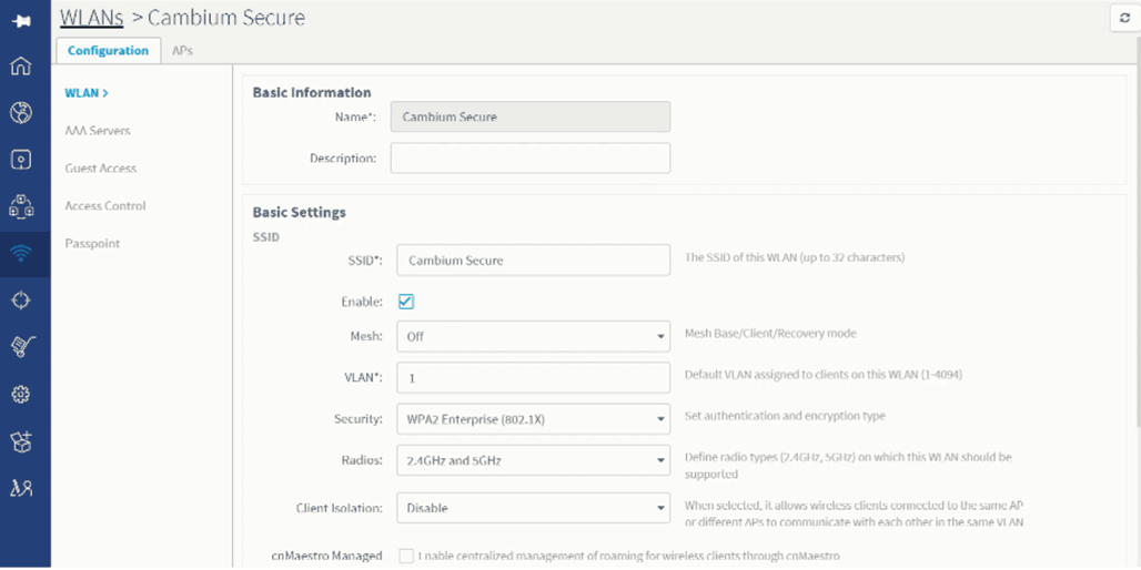 Displaying the screen that appears when editting the Cambium WLAN