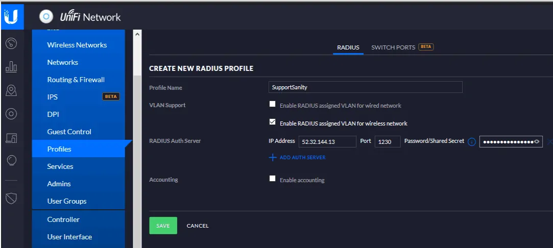 Ubiquiti create radius profile